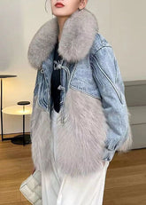 Stilvolle Weiße Quaste Denim Patchwork Fuzzy Pelz Flauschigen Mantel Winter